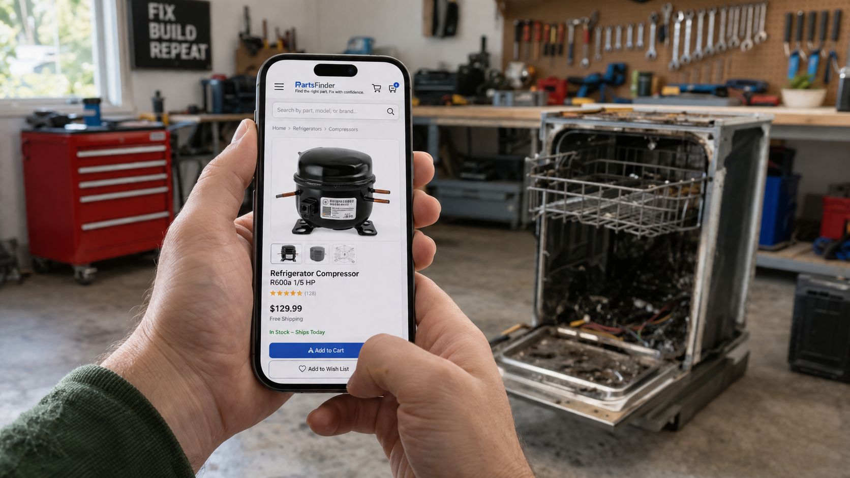 A person checking a refrigerator compressor part price on a phone in a workshop