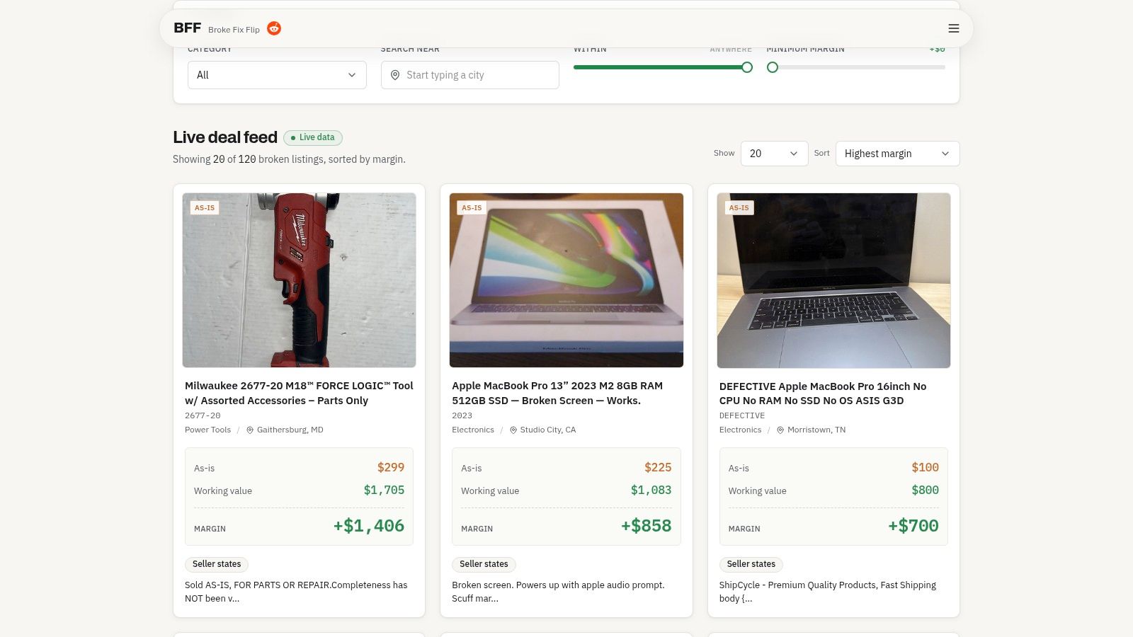 Sorting broken listings by margin in the Broke Fix Flip feed