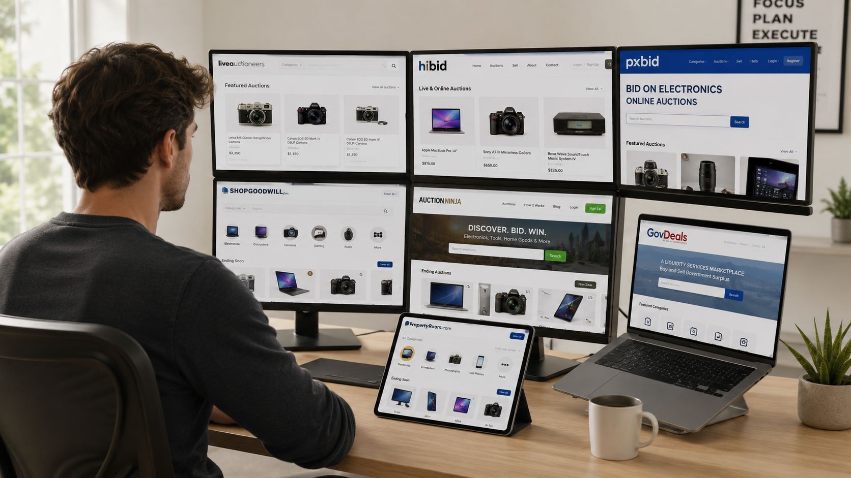 A reseller comparing online electronics auctions across multiple monitors