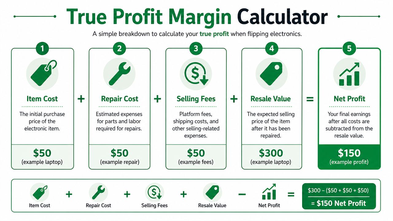 Infographic showing how to calculate net profit when flipping electronics