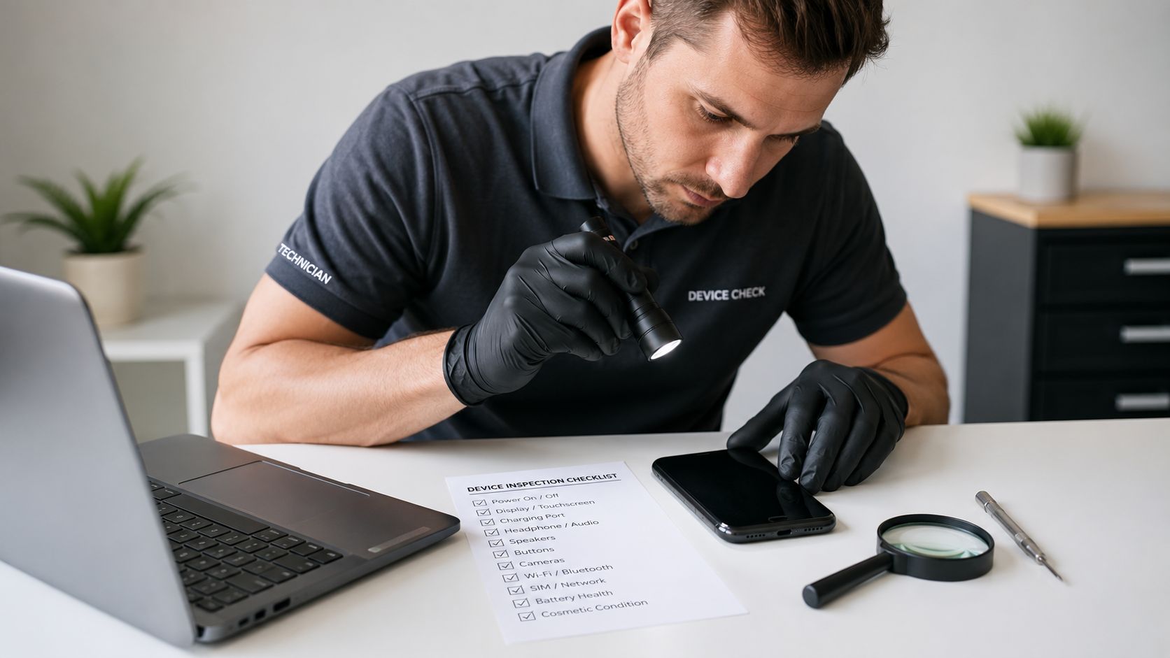 A technician inspecting a smartphone during a quality check